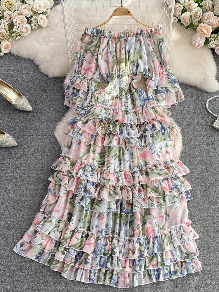 Summer New Off Shoulder Wrap Waist to Show Thin A-line Fragmented Cake Dress Women's Beach Vacation Chiffon Long Dress GD820