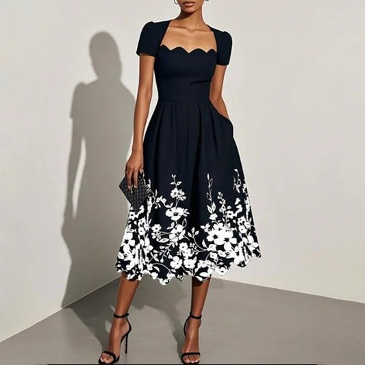 Elegant Wave Square Collar A-Line Long Dresses Woman Spring Solid High-waisted Office Dress Summer Short Sleeve Loose Boho Dress