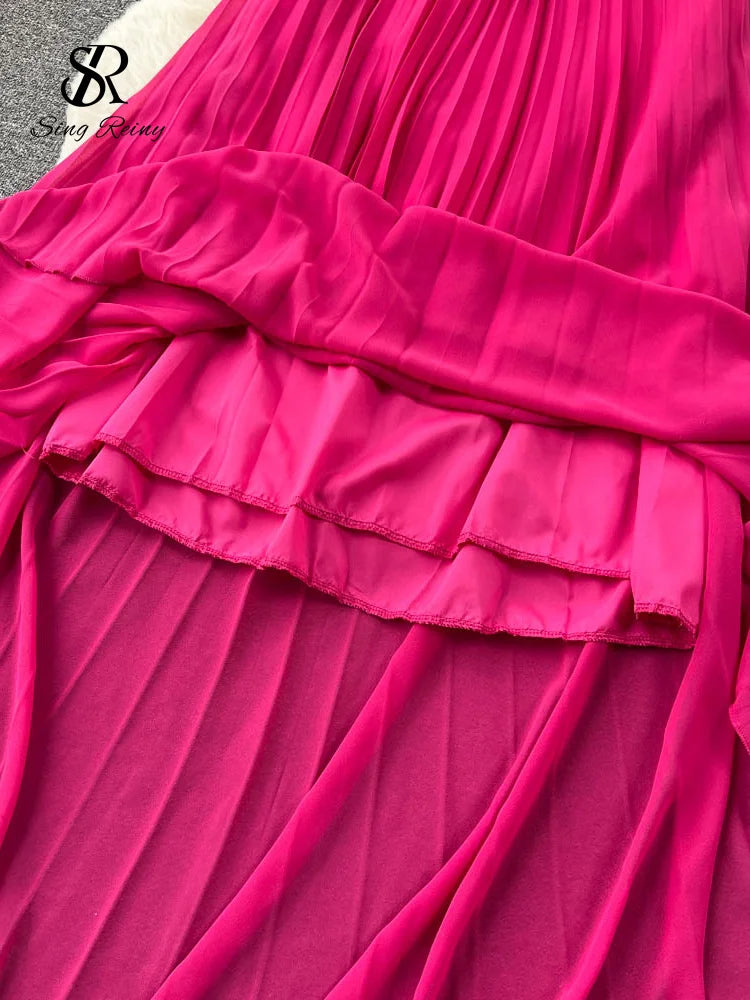 SINGREINY Summer Sexy A Line Dress Deep V Neck Sling Cross Ruffles Backless Pleated Solid Women Elegant Evening Party Long Dress