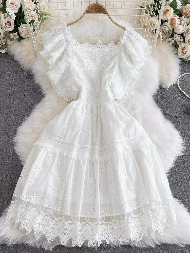 Women Elegant Party Dress Summer Vintage Square Neck Ruffles Short Sleeve Korean Dresses Ladies Slim A-line High Wiast Long Robe