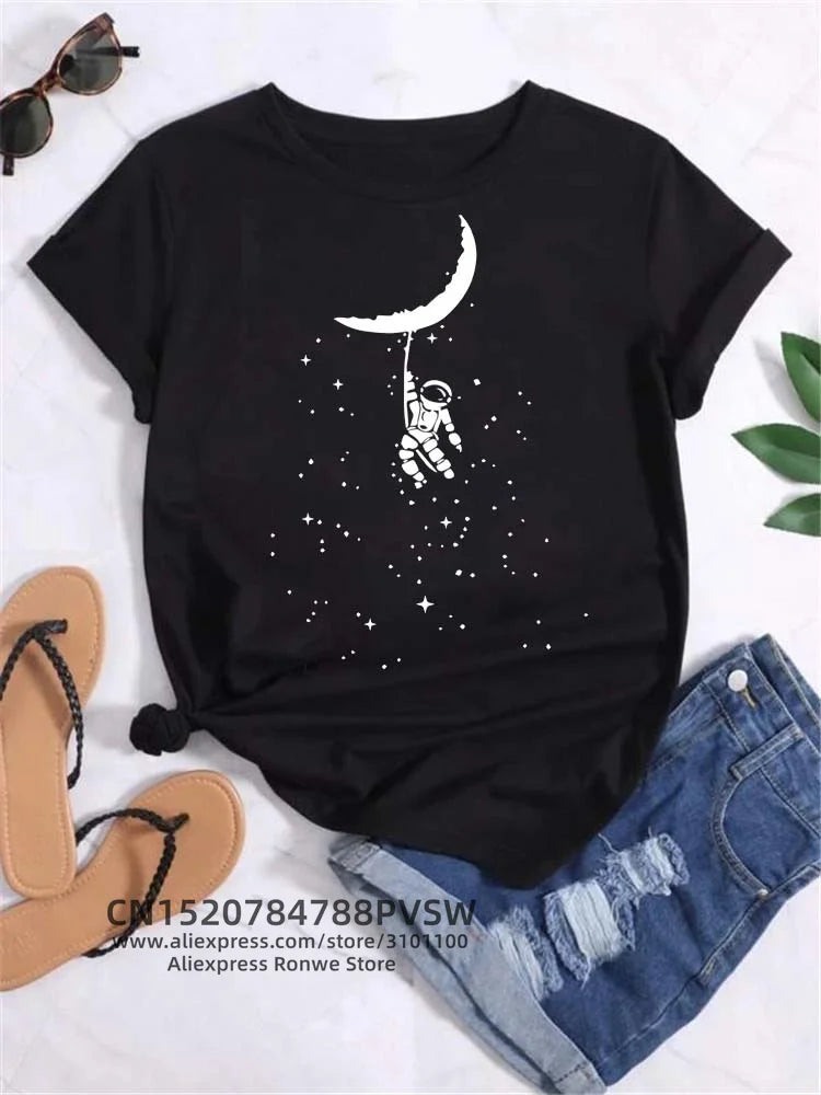 Moon Planet Space Women Print T-Shirts Girl Fashion Funy Casual Round Neck Short Sleeve Streetwear Female Clothes Vintage Tops