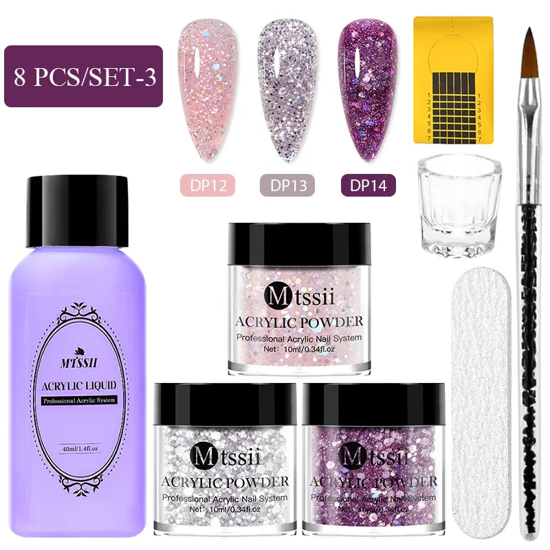 8-teiliges MTSSII Acrylpulver-Nagelsystem-Set, klares Nude-Rosa-Monomer-Flüssigkeitsset mit Nagelbürste für Nagelverlängerung, Schnitzblume
