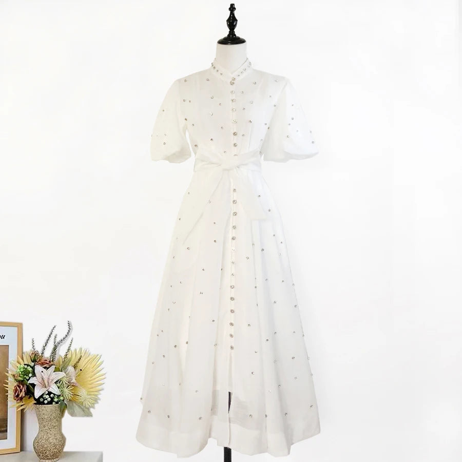 Luxury Formal Evening Dress Women Summer Bubble Short Sleeve Single Breasted Beading Crystal Long Maxi Dresses Shirt Party Robe