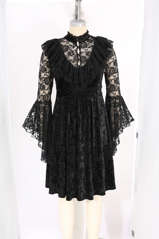 ROSEGAL Plus Size Gothic Lace Floral Panel Flare Sleeves Ruffles Velvet Buttons Dress 2025 Lace Long Sleeve Dress