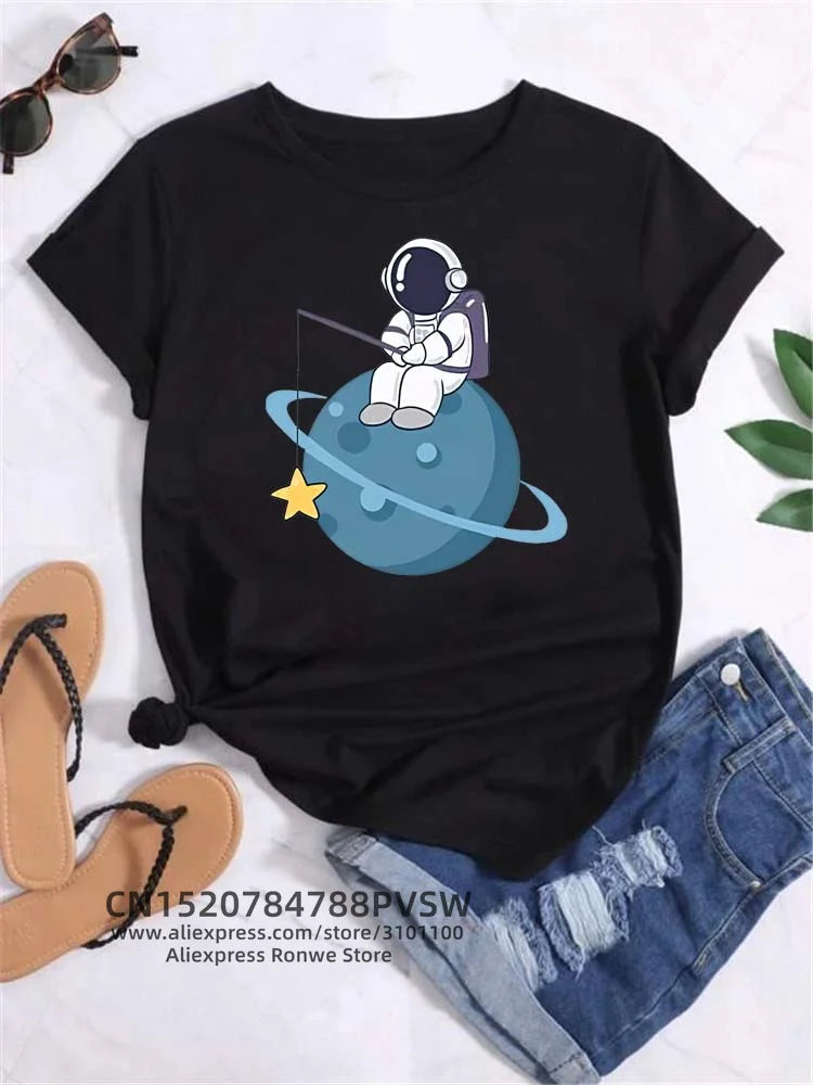 Moon Planet Space Women Print T-Shirts Girl Fashion Funy Casual Round Neck Short Sleeve Streetwear Female Clothes Vintage Tops