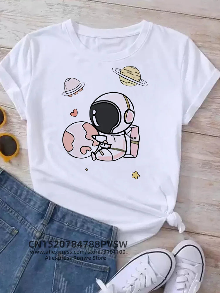 Moon Planet Space Women Print T-Shirts Girl Fashion Funy Casual Round Neck Short Sleeve Streetwear Female Clothes Vintage Tops