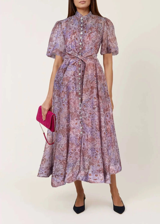 Luxury Formal Evening Dress Women Summer Bubble Short Sleeve Single Breasted Beading Crystal Long Maxi Dresses Shirt Party Robe