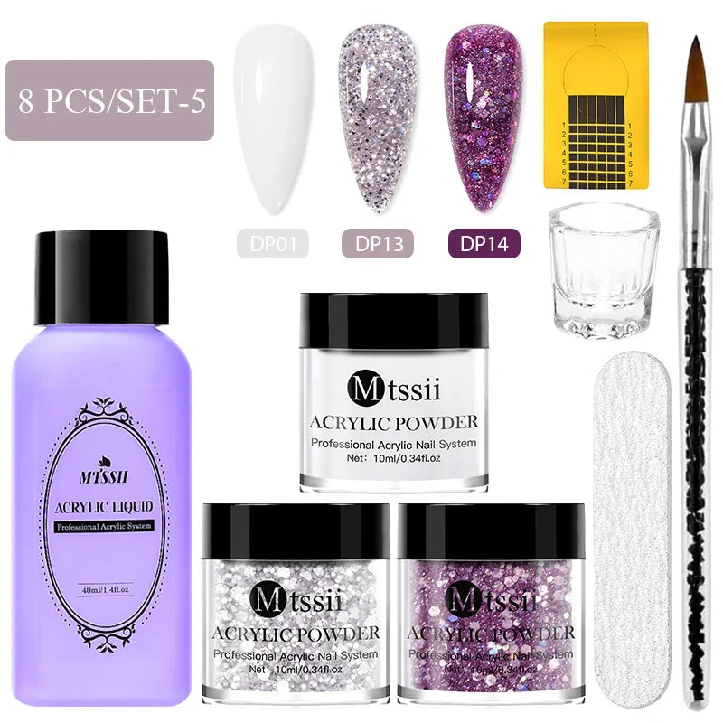 8-teiliges MTSSII Acrylpulver-Nagelsystem-Set, klares Nude-Rosa-Monomer-Flüssigkeitsset mit Nagelbürste für Nagelverlängerung, Schnitzblume
