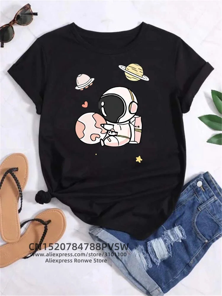 Moon Planet Space Women Print T-Shirts Girl Fashion Funy Casual Round Neck Short Sleeve Streetwear Female Clothes Vintage Tops