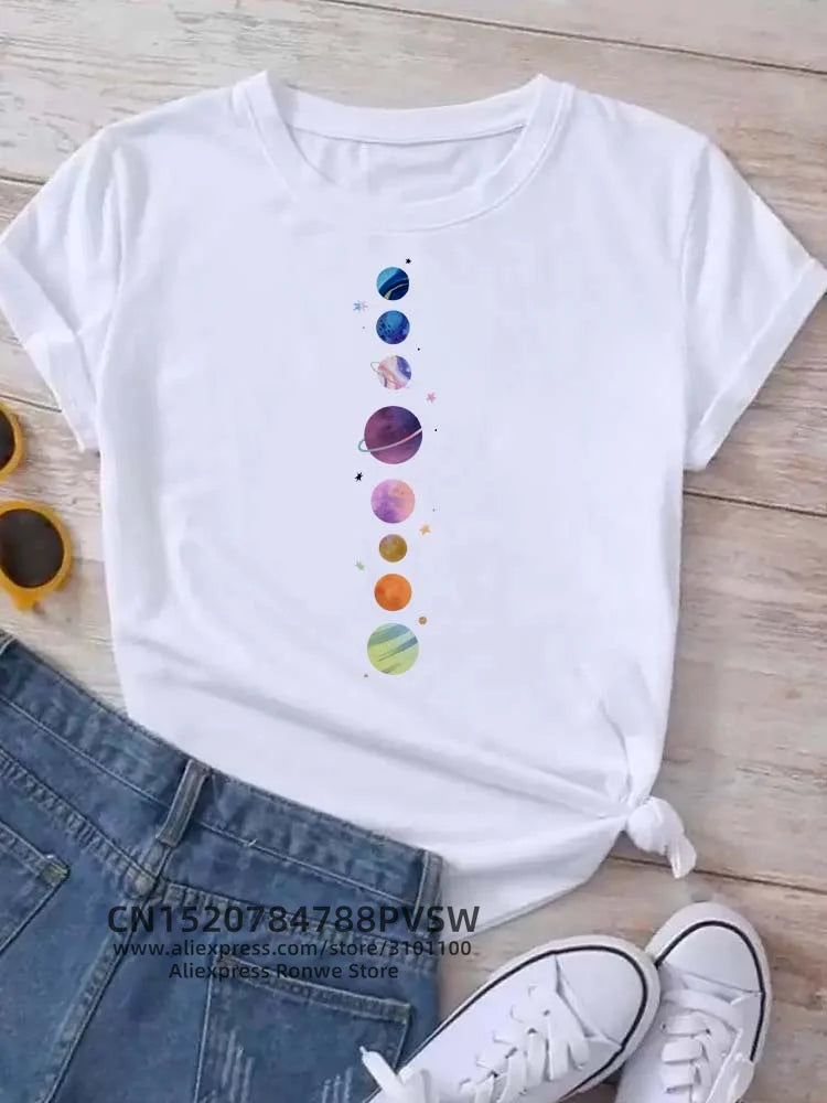 Moon Planet Space Women Print T-Shirts Girl Fashion Funy Casual Round Neck Short Sleeve Streetwear Female Clothes Vintage Tops