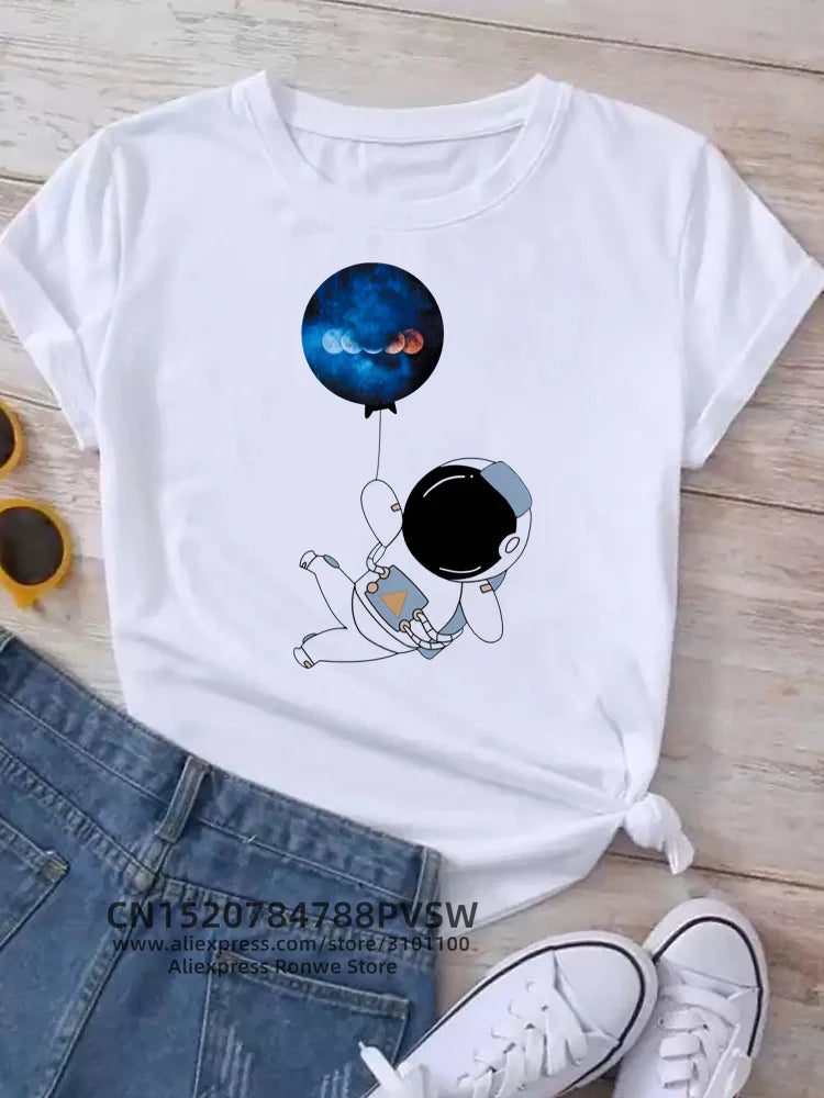 Moon Planet Space Women Print T-Shirts Girl Fashion Funy Casual Round Neck Short Sleeve Streetwear Female Clothes Vintage Tops