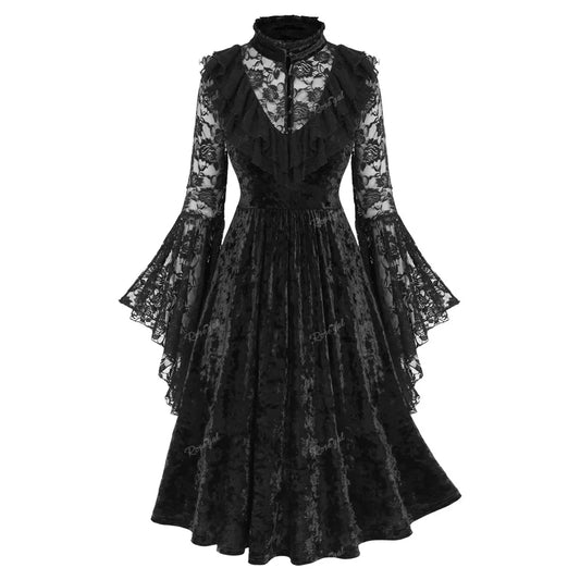 ROSEGAL Plus Size Gothic Lace Floral Panel Flare Sleeves Ruffles  Velvet Buttons  Dress 2025 Lace Long Sleeve Dress