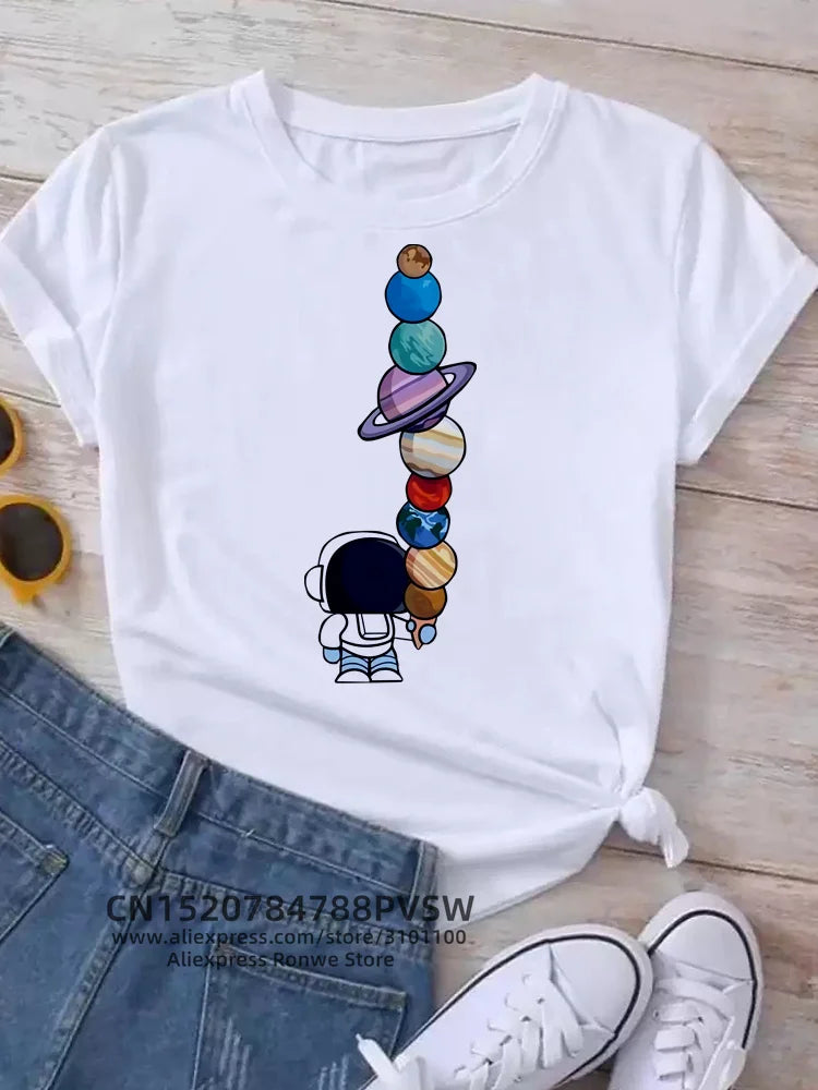 Moon Planet Space Women Print T-Shirts Girl Fashion Funy Casual Round Neck Short Sleeve Streetwear Female Clothes Vintage Tops