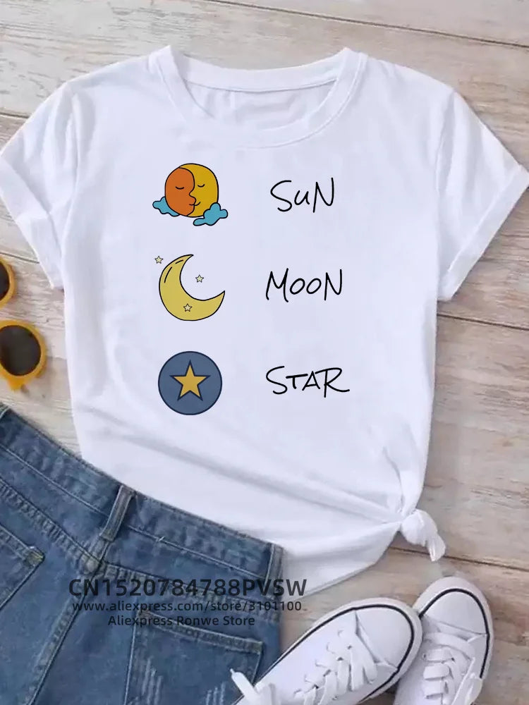 Moon Planet Space Women Print T-Shirts Girl Fashion Funy Casual Round Neck Short Sleeve Streetwear Female Clothes Vintage Tops