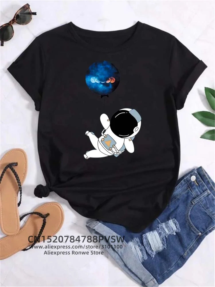 Moon Planet Space Women Print T-Shirts Girl Fashion Funy Casual Round Neck Short Sleeve Streetwear Female Clothes Vintage Tops
