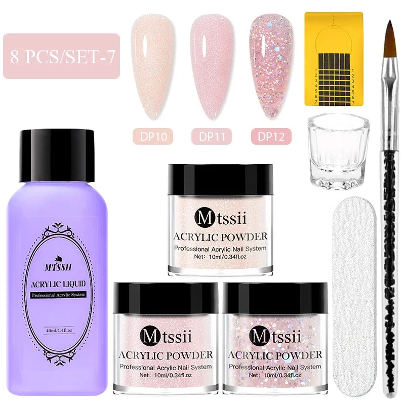 8-teiliges MTSSII Acrylpulver-Nagelsystem-Set, klares Nude-Rosa-Monomer-Flüssigkeitsset mit Nagelbürste für Nagelverlängerung, Schnitzblume