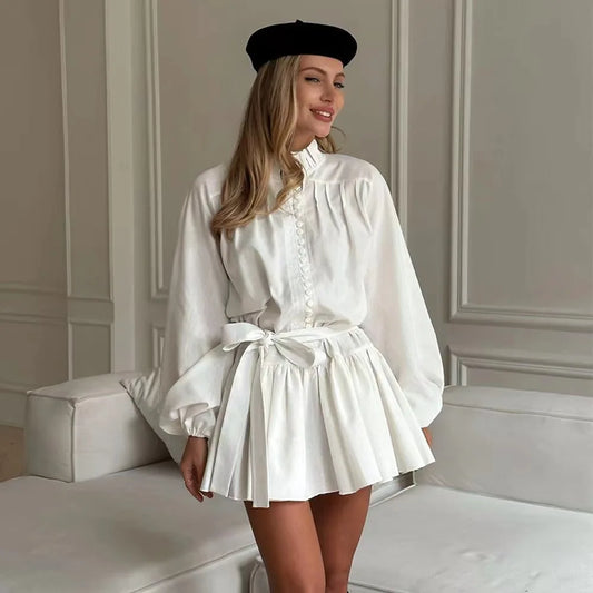 White Elegant Mini Shirt Dress Women Fashion Ruffles Lantern Sleeve Dresses For Women 2025 Vintage Print Lace Up Robe Femme