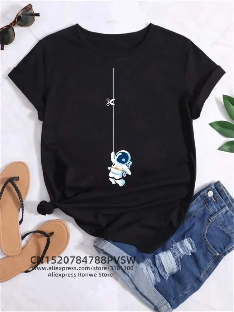 Moon Planet Space Women Print T-Shirts Girl Fashion Funy Casual Round Neck Short Sleeve Streetwear Female Clothes Vintage Tops