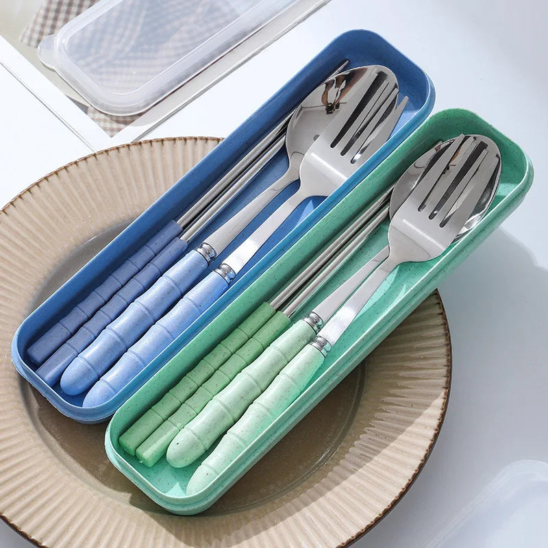 3pcs/set Tableware Set Stainless Steel Chopsticks Fork Spoon Set Travel Flatware With Box Lunch Tableware Kitchen Accessories