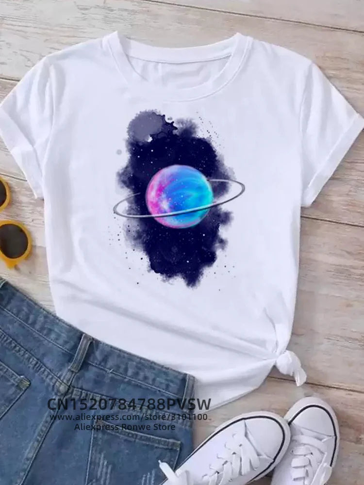 Moon Planet Space Women Print T-Shirts Girl Fashion Funy Casual Round Neck Short Sleeve Streetwear Female Clothes Vintage Tops