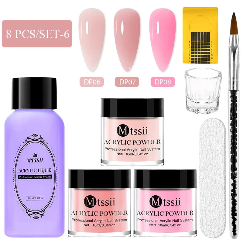 8-teiliges MTSSII Acrylpulver-Nagelsystem-Set, klares Nude-Rosa-Monomer-Flüssigkeitsset mit Nagelbürste für Nagelverlängerung, Schnitzblume
