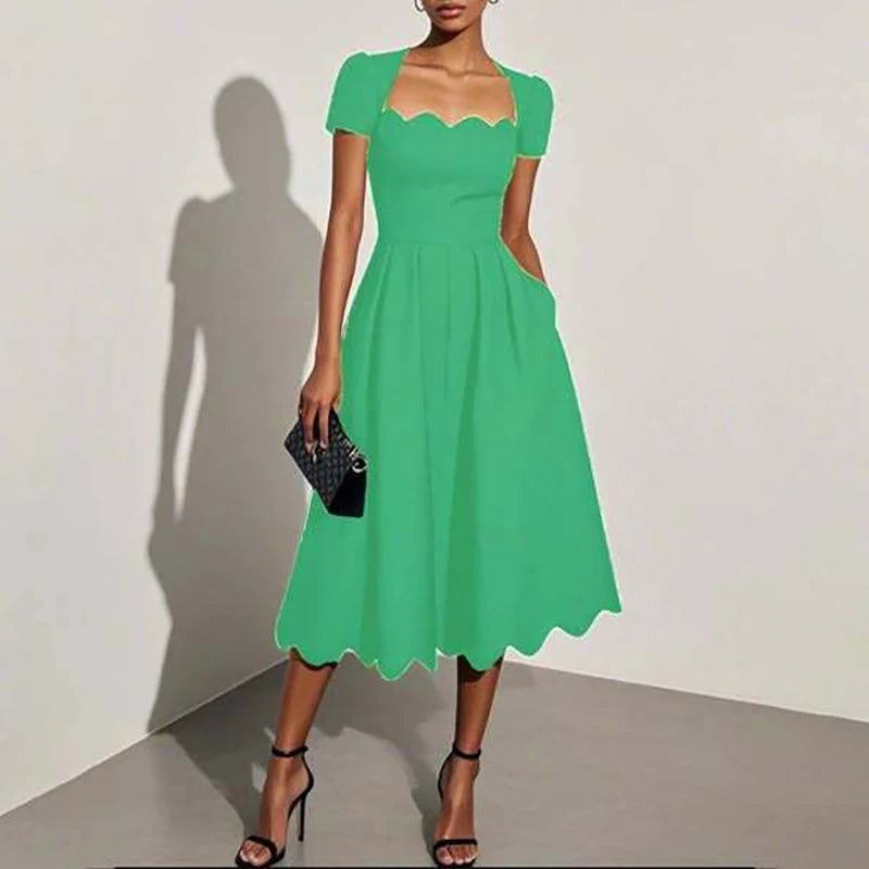 Elegant Wave Square Collar A-Line Long Dresses Woman Spring Solid High-waisted Office Dress Summer Short Sleeve Loose Boho Dress
