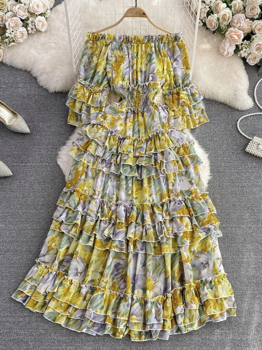 Summer New Off Shoulder  Wrap Waist to Show Thin A-line Fragmented Cake Dress Women's Beach Vacation Chiffon Long Dress GD820