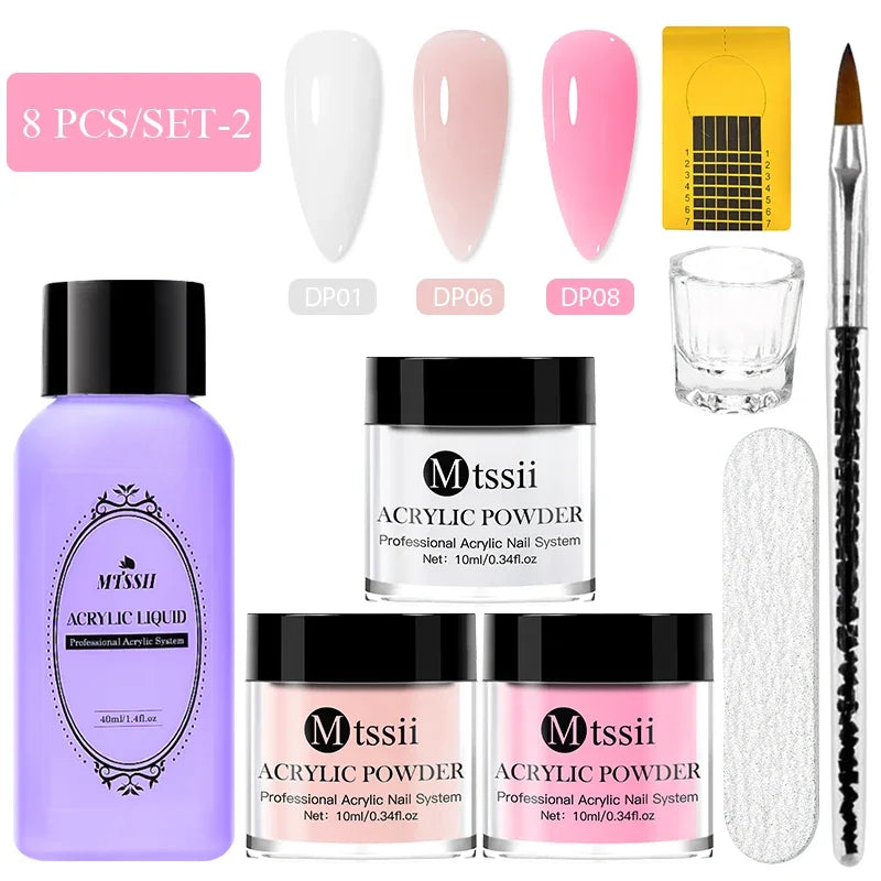 8-teiliges MTSSII Acrylpulver-Nagelsystem-Set, klares Nude-Rosa-Monomer-Flüssigkeitsset mit Nagelbürste für Nagelverlängerung, Schnitzblume