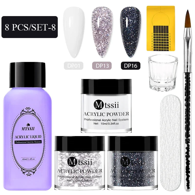 8-teiliges MTSSII Acrylpulver-Nagelsystem-Set, klares Nude-Rosa-Monomer-Flüssigkeitsset mit Nagelbürste für Nagelverlängerung, Schnitzblume