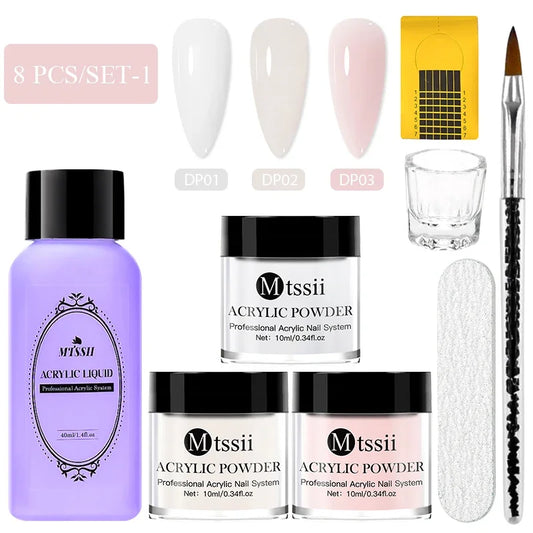 8-teiliges MTSSII Acrylpulver-Nagelsystem-Set, klares Nude-Rosa-Monomer-Flüssigkeitsset mit Nagelbürste für Nagelverlängerung, Schnitzblume