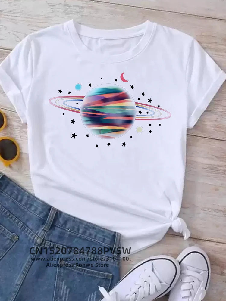Moon Planet Space Women Print T-Shirts Girl Fashion Funy Casual Round Neck Short Sleeve Streetwear Female Clothes Vintage Tops