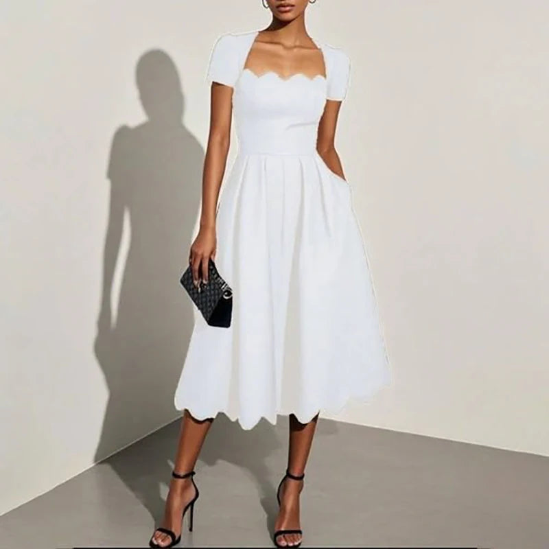 Elegant Wave Square Collar A-Line Long Dresses Woman Spring Solid High-waisted Office Dress Summer Short Sleeve Loose Boho Dress