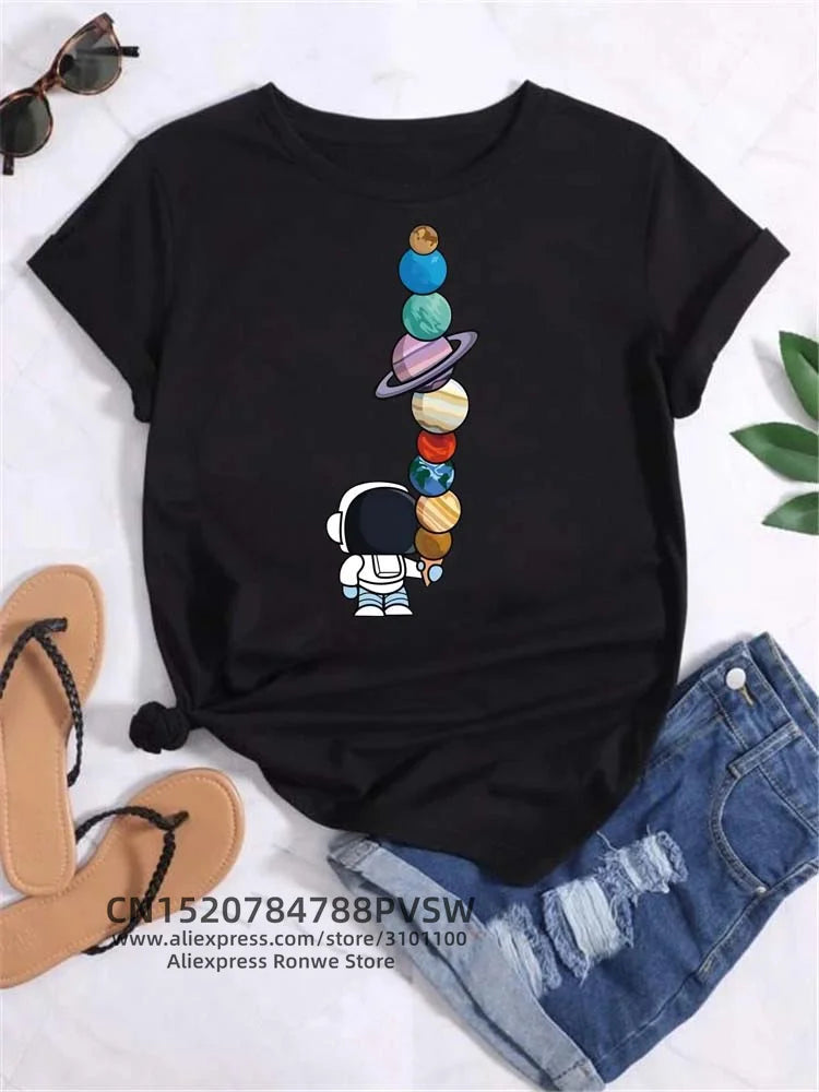 Moon Planet Space Women Print T-Shirts Girl Fashion Funy Casual Round Neck Short Sleeve Streetwear Female Clothes Vintage Tops