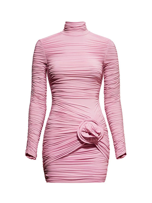 Sexy 3d Flower Mini Pink Rose Dress Women Pleated Half-high Collar Long Sleeve Bodycon Dresses 2025 Summer Party Evening Robes