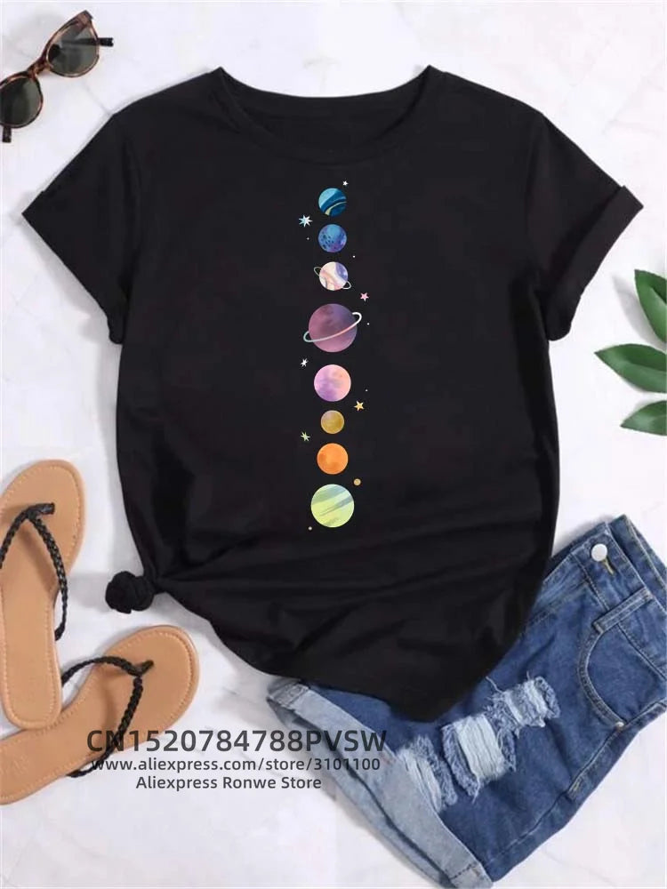 Moon Planet Space Women Print T-Shirts Girl Fashion Funy Casual Round Neck Short Sleeve Streetwear Female Clothes Vintage Tops