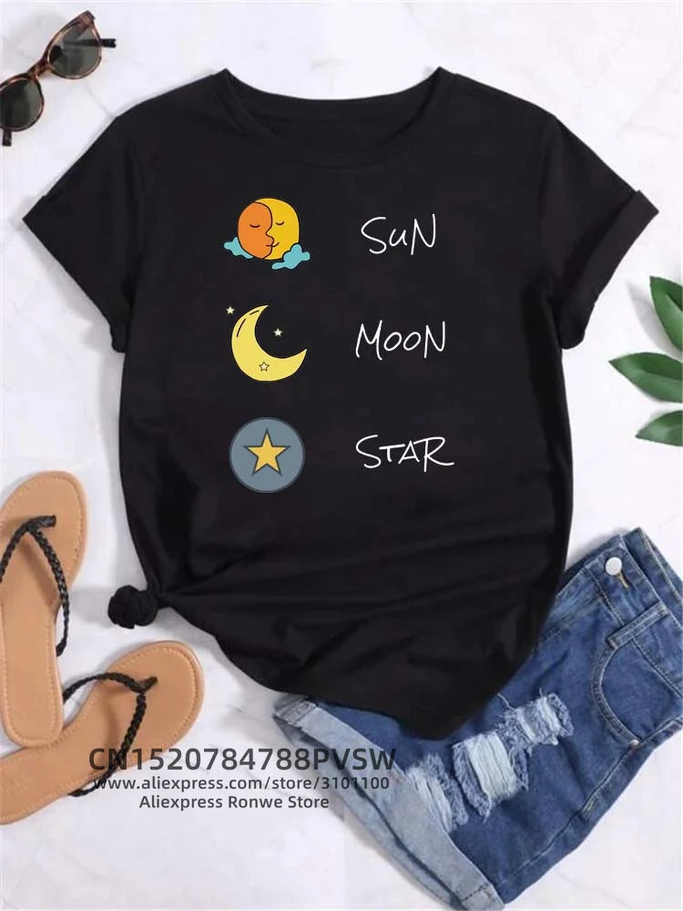 Moon Planet Space Women Print T-Shirts Girl Fashion Funy Casual Round Neck Short Sleeve Streetwear Female Clothes Vintage Tops