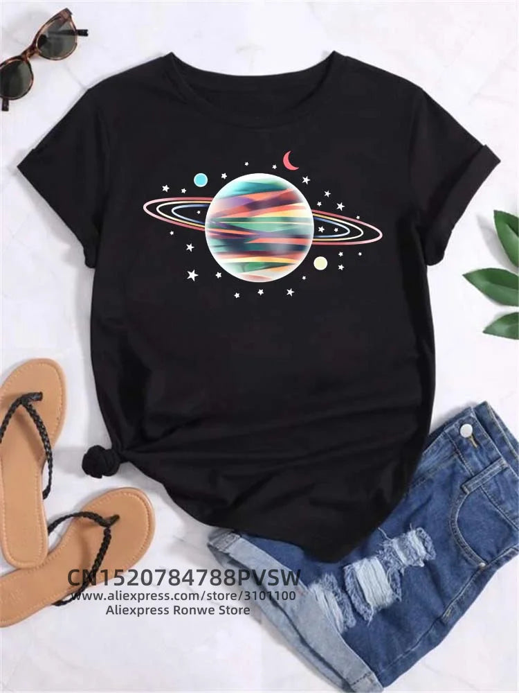 Moon Planet Space Women Print T-Shirts Girl Fashion Funy Casual Round Neck Short Sleeve Streetwear Female Clothes Vintage Tops