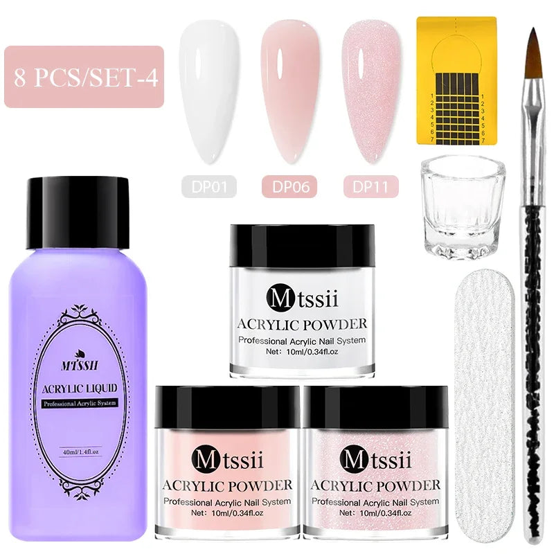 8-teiliges MTSSII Acrylpulver-Nagelsystem-Set, klares Nude-Rosa-Monomer-Flüssigkeitsset mit Nagelbürste für Nagelverlängerung, Schnitzblume