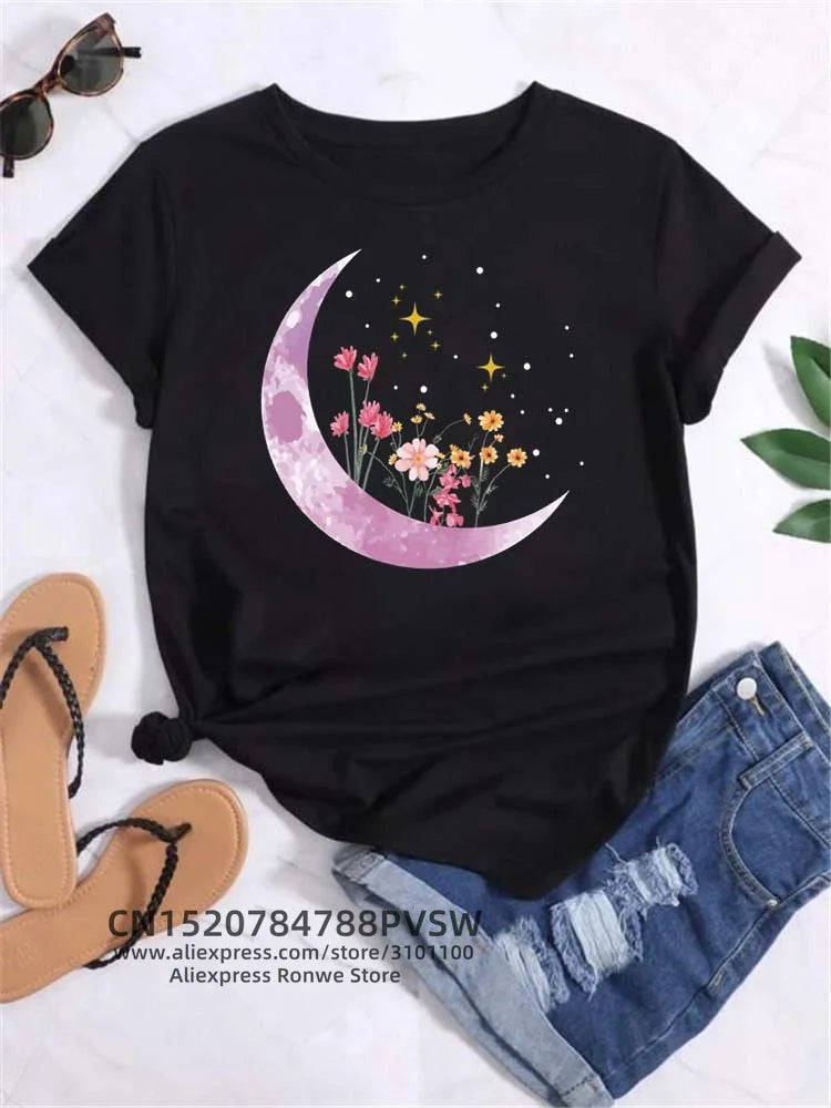 Moon Planet Space Women Print T-Shirts Girl Fashion Funy Casual Round Neck Short Sleeve Streetwear Female Clothes Vintage Tops