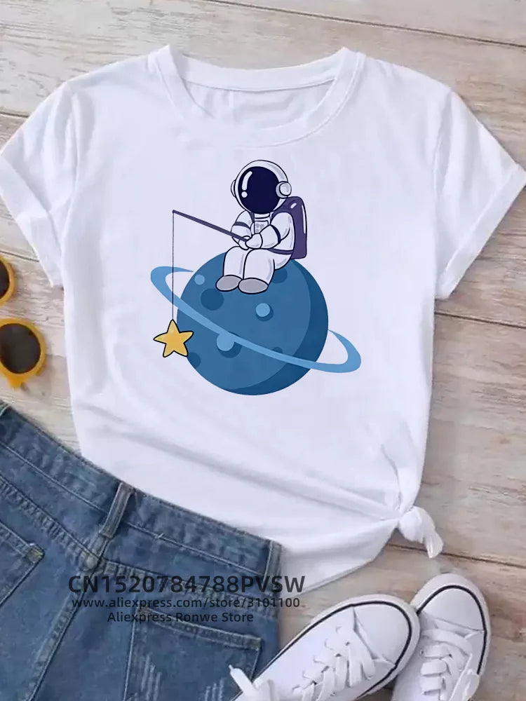Moon Planet Space Women Print T-Shirts Girl Fashion Funy Casual Round Neck Short Sleeve Streetwear Female Clothes Vintage Tops