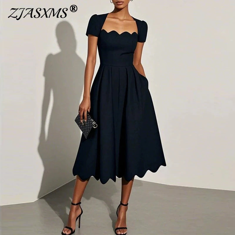 Elegant Wave Square Collar A-Line Long Dresses Woman Spring Solid High-waisted Office Dress Summer Short Sleeve Loose Boho Dress