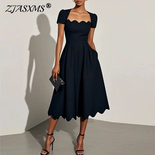 Elegant Wave Square Collar A-Line Long Dresses Woman Spring Solid High-waisted Office Dress Summer Short Sleeve Loose Boho Dress