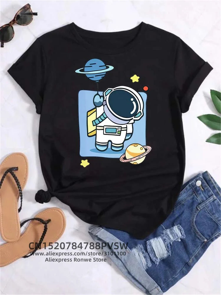 Moon Planet Space Women Print T-Shirts Girl Fashion Funy Casual Round Neck Short Sleeve Streetwear Female Clothes Vintage Tops