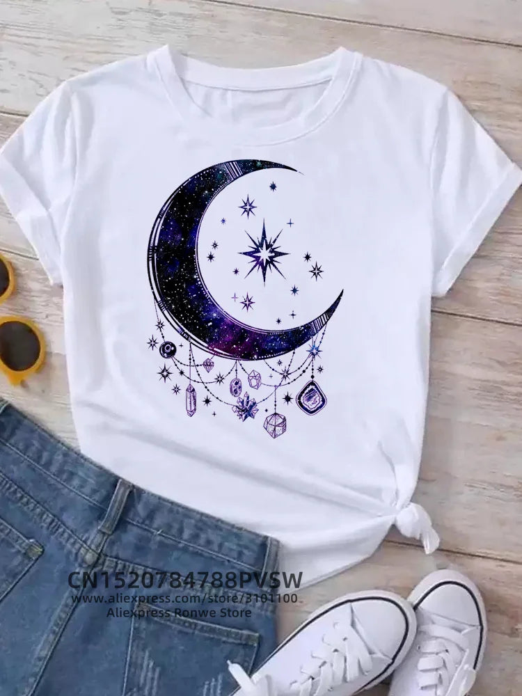 Moon Planet Space Women Print T-Shirts Girl Fashion Funy Casual Round Neck Short Sleeve Streetwear Female Clothes Vintage Tops