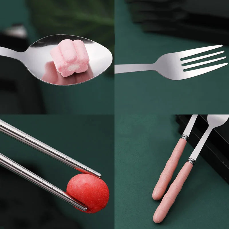 3pcs/set Tableware Set Stainless Steel Chopsticks Fork Spoon Set Travel Flatware With Box Lunch Tableware Kitchen Accessories