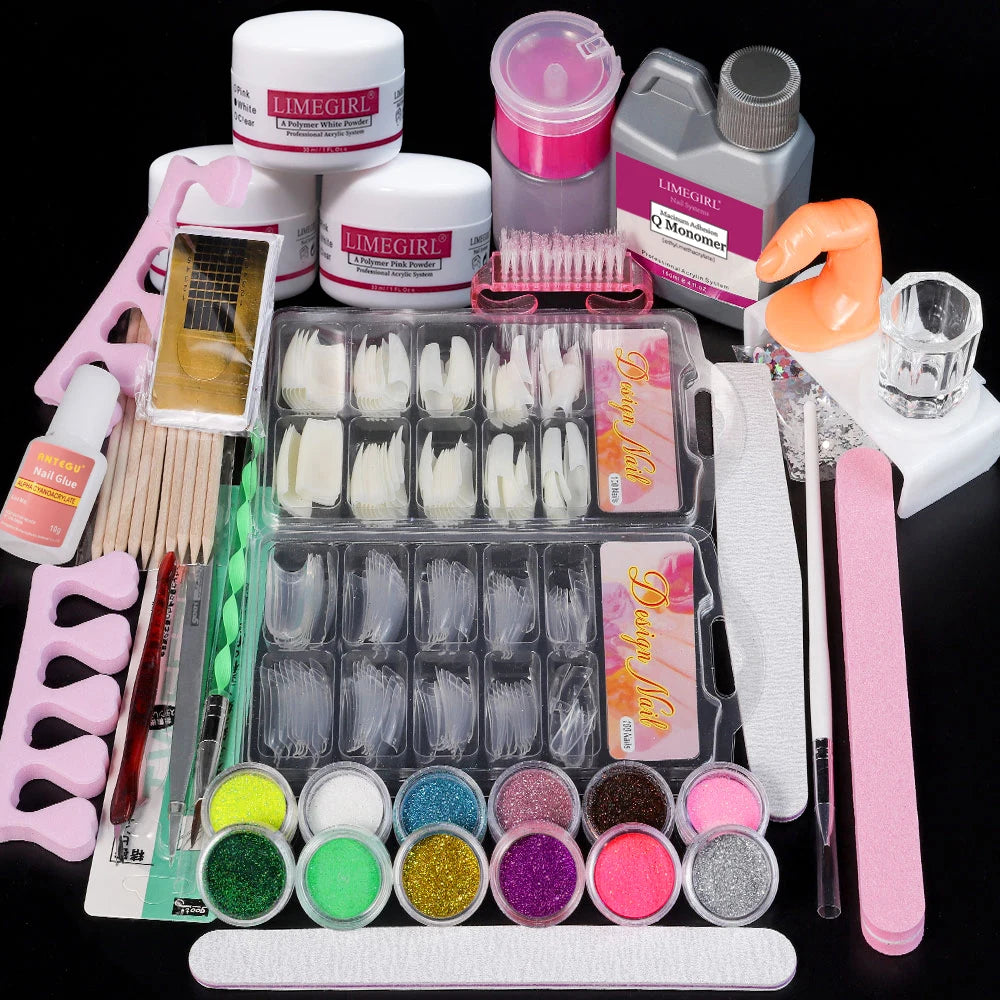 Nagel Acryl Pulver und Flüssiges Monomer Nägel Kunst Dekoration für Maniküre Set Kit Kristall Nagel Glitter 3D Nagel Tipps Schnitzwerkzeuge