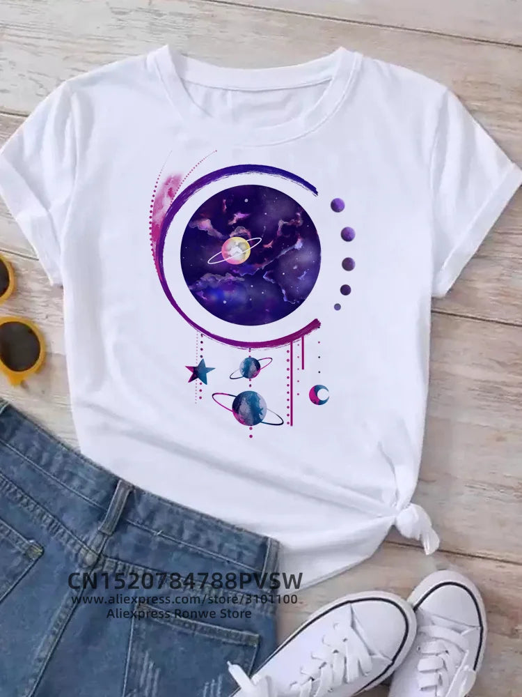 Moon Planet Space Women Print T-Shirts Girl Fashion Funy Casual Round Neck Short Sleeve Streetwear Female Clothes Vintage Tops