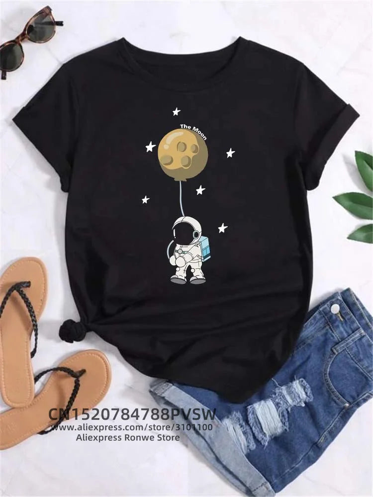Moon Planet Space Women Print T-Shirts Girl Fashion Funy Casual Round Neck Short Sleeve Streetwear Female Clothes Vintage Tops