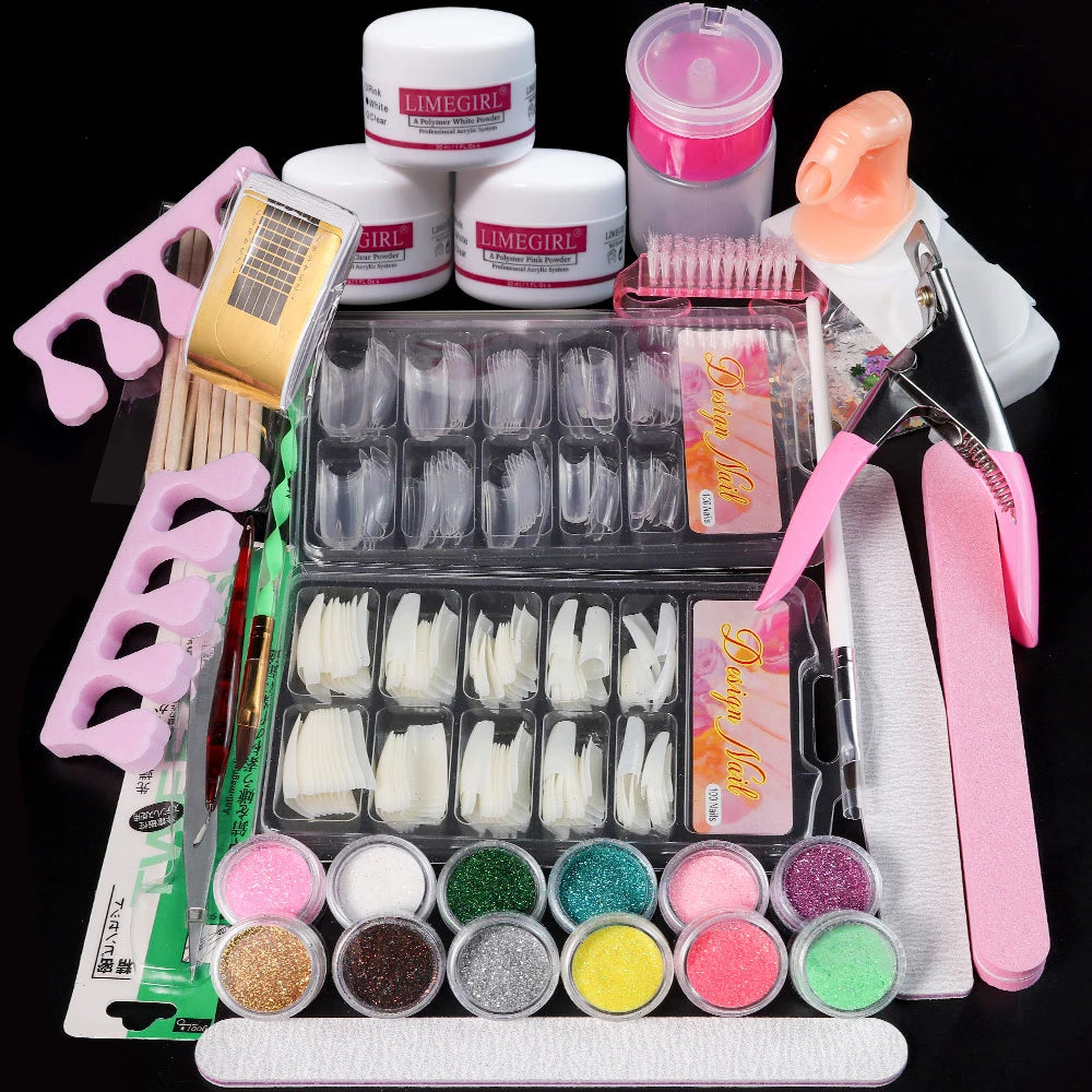 Nagel Acryl Pulver und Flüssiges Monomer Nägel Kunst Dekoration für Maniküre Set Kit Kristall Nagel Glitter 3D Nagel Tipps Schnitzwerkzeuge