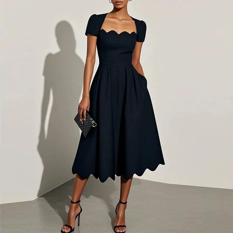 Elegant Wave Square Collar A-Line Long Dresses Woman Spring Solid High-waisted Office Dress Summer Short Sleeve Loose Boho Dress